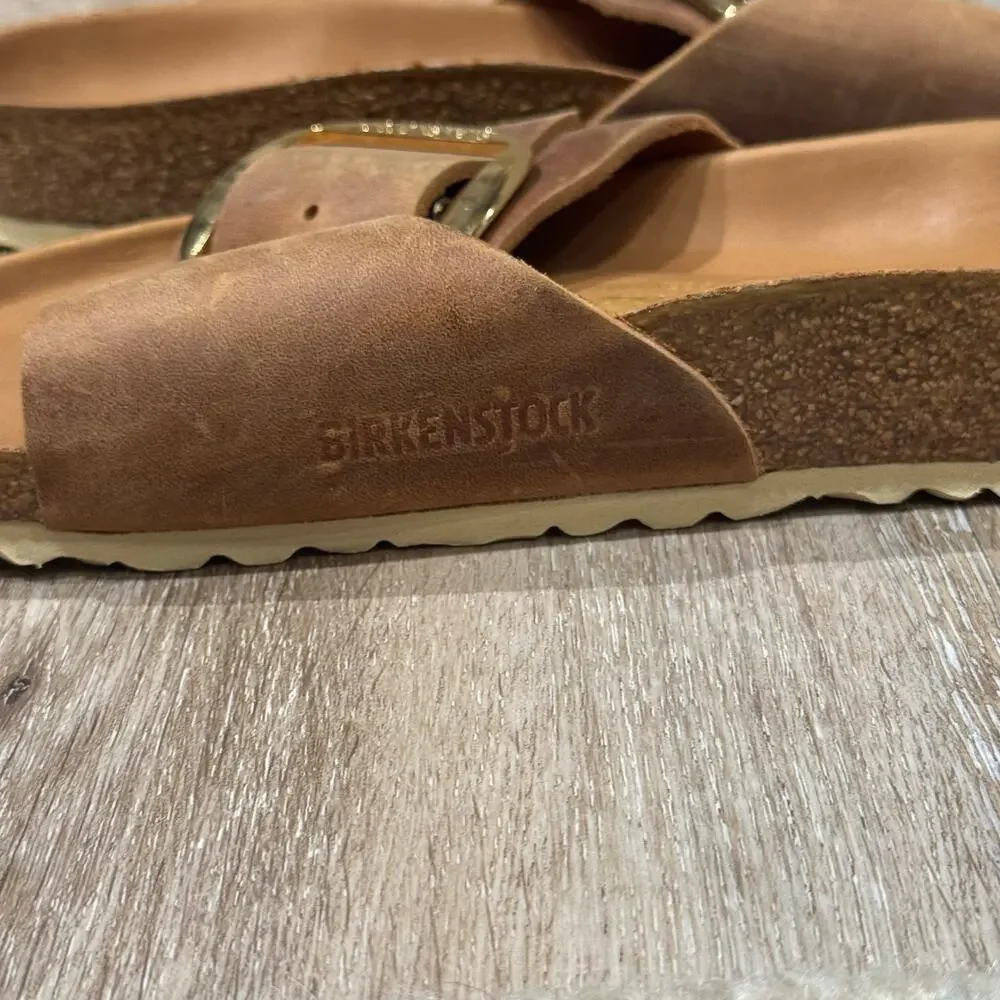 Birkenstock Madrid Big Buckle Oiled Leather Sandals Cognac Gold EU 41 US 10-10.5